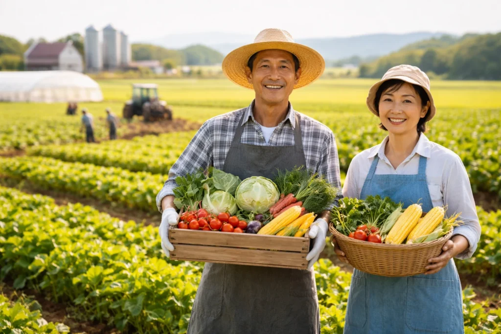 収穫した野菜を持って畑に立つ日本人農家の夫婦。奥には作業する人やトラクターが見える