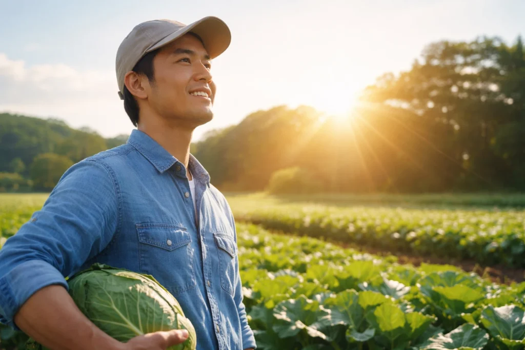 未来を見据えて畑に立つ日本人農業従事者