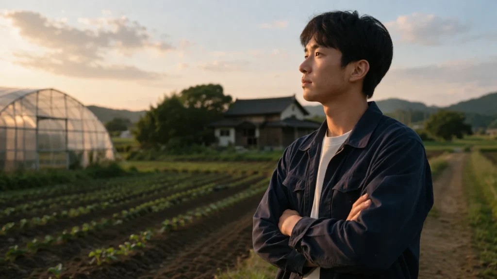 後継者不足に悩む高齢の日本人農家と、畑のそばで将来を考える若い日本人男性