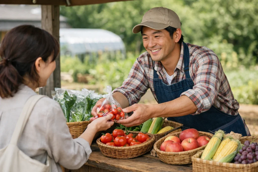 日本人の農家が直売所で来店客に農産物を手渡し、対面販売を行っている様子