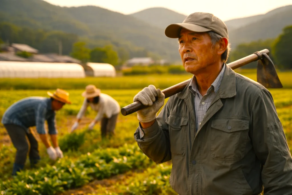 日本の農業で担い手不足が進み、高齢の農業従事者が現場を支えている様子