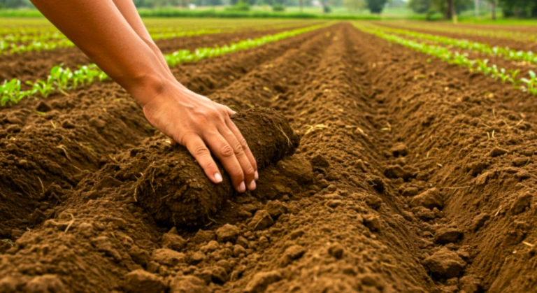 土壌チェックをする農家の手