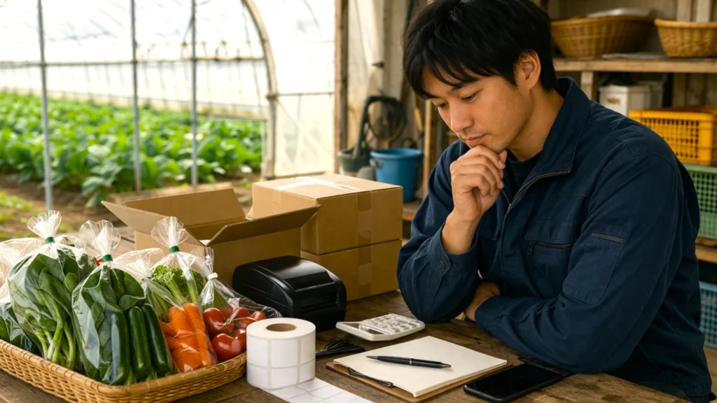袋詰めした野菜や発送用の箱、ラベル資材を前に作業計画を考える日本人農家