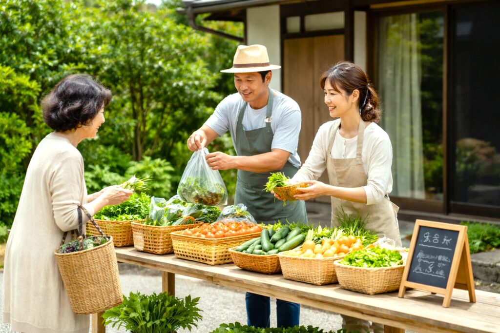 自宅の軒先で採れたて野菜を並べ、近隣住民に手渡し販売する日本人夫婦の様子