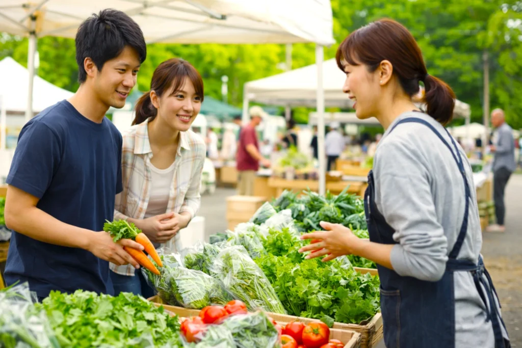 マルシェやイベントで野菜を販売しながら来場者と会話する農家