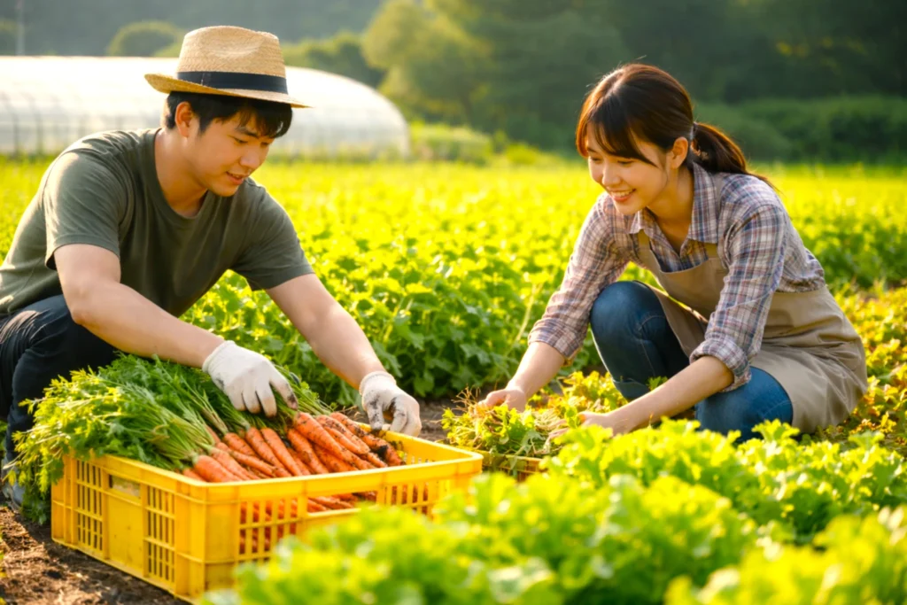 畑で収穫した野菜を仕分けしながら作業する日本人の農家