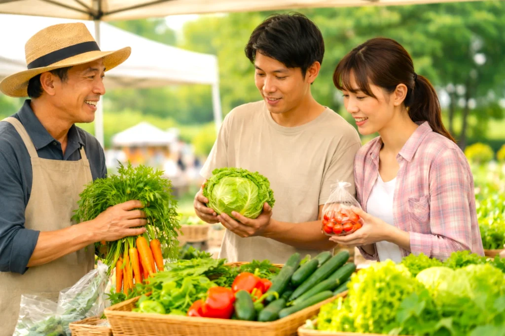 直売所で日本人の農家が若い男女に野菜を見せながら会話している様子