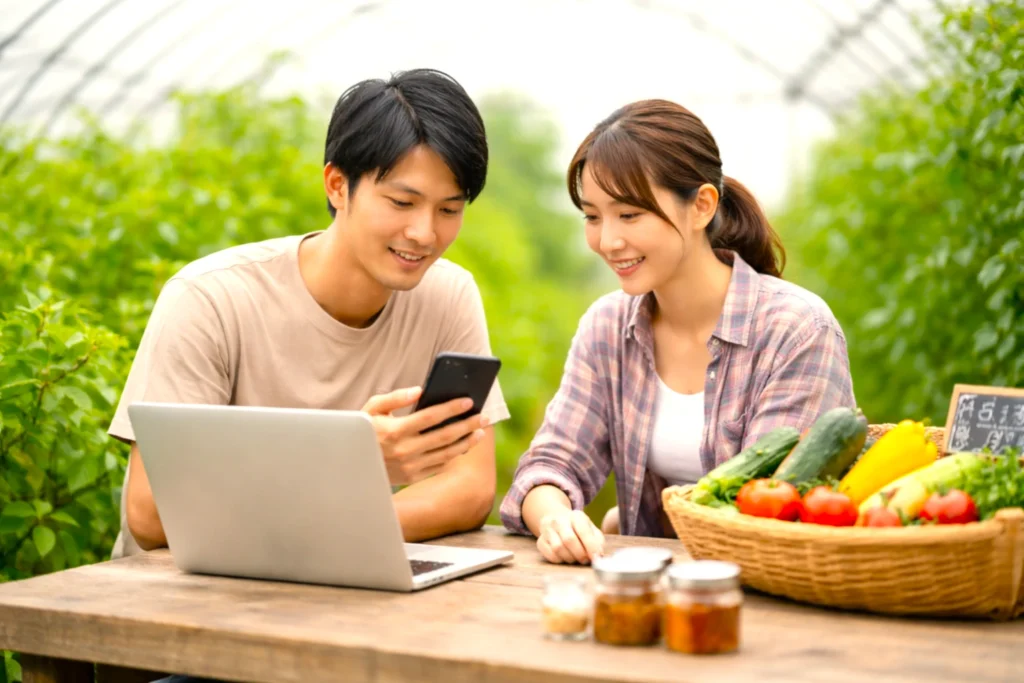 ノートPCとスマートフォンを使い、SNSやオンライン販売の準備を進める日本人農家の様子