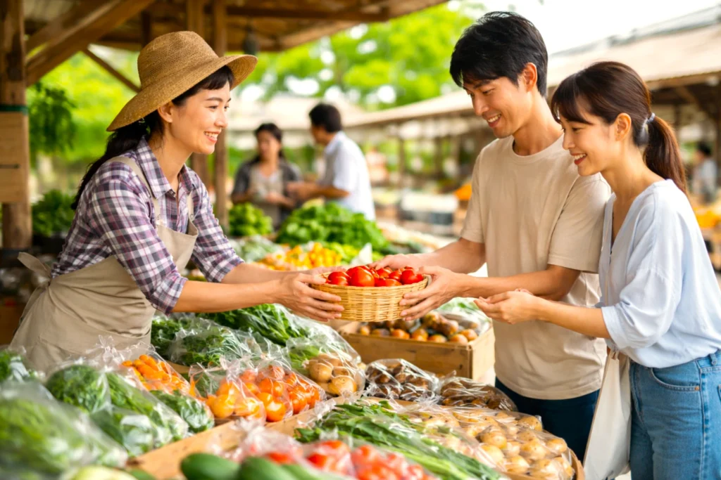 地元の直売所で日本人の生産者が来店客に農産物を手渡ししている様子