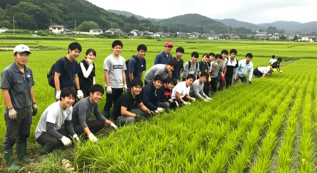 農業初心者が販路開拓の前に決めたいことを解説するセクション画像。田んぼで作業体験をする参加者たちの様子