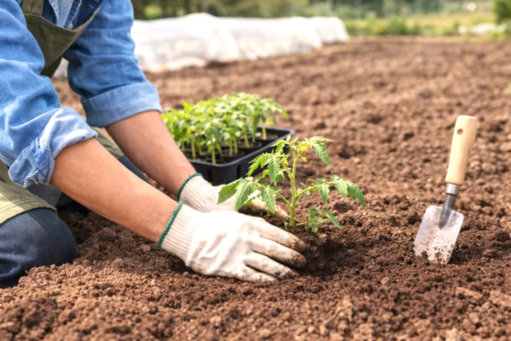 畑でミニトマトの苗を植えたあと手袋をした手で株元の土を寄せて固定している様子