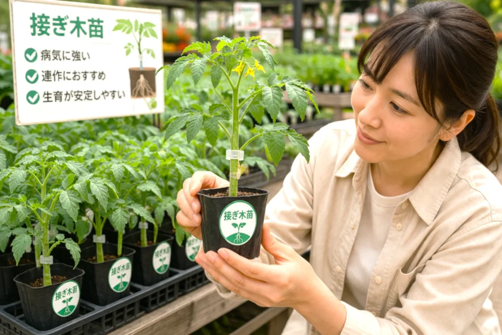 接ぎ木クリップ付きの元気なミニトマトの接ぎ木苗を手に取り、茎の太さや葉の状態を確認している様子