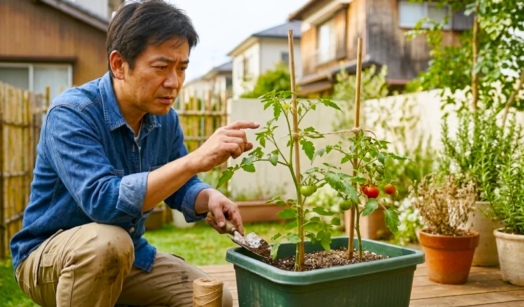 プランターで育つミニトマトの苗を前に、わき芽かきや水やりのタイミングについて思案する日本人男性