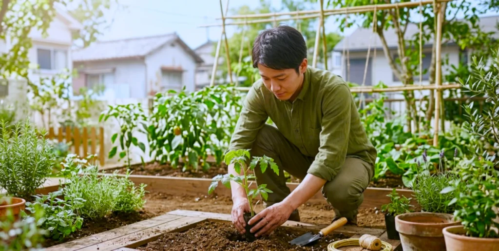 春の家庭菜園でミニトマトの苗を畑に植え付ける日本人男性