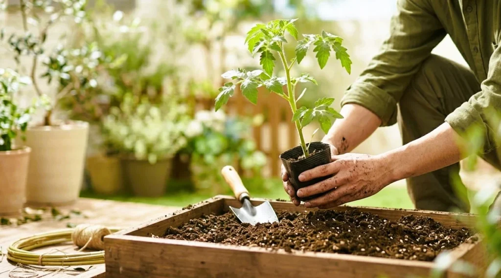 家庭菜園の準備でミニトマトの苗をプランターに植え付ける手元