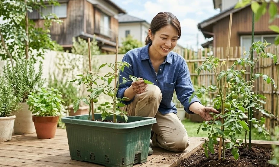 家庭菜園でプランターと畑(地植え)の両方でミニトマトを育てる日本人女性