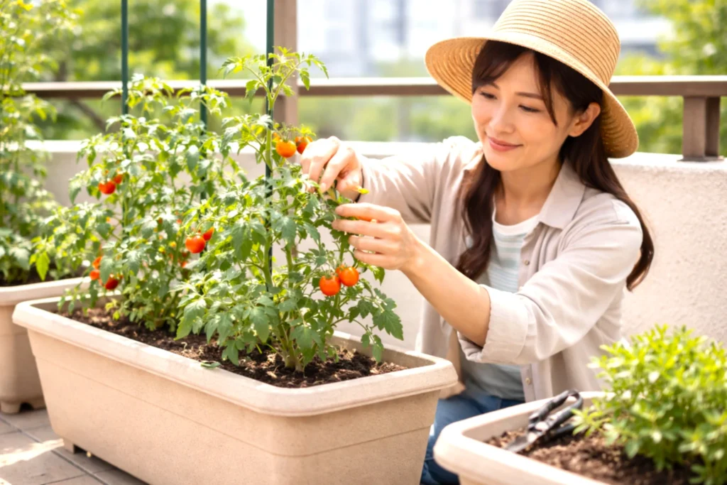 ベランダの深型プランターで育つミニトマトの株を手入れしている日本人女性の様子