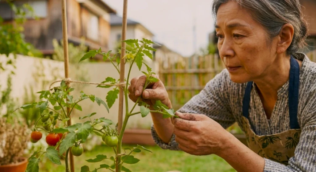 家庭菜園のプランターで、ミニトマトの茎から伸びたわき芽を指で摘み取る60代の日本人女性