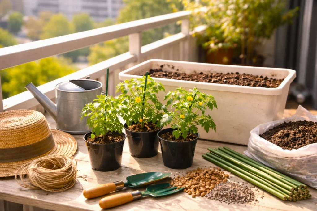 ベランダでミニトマト栽培の準備道具をそろえた様子