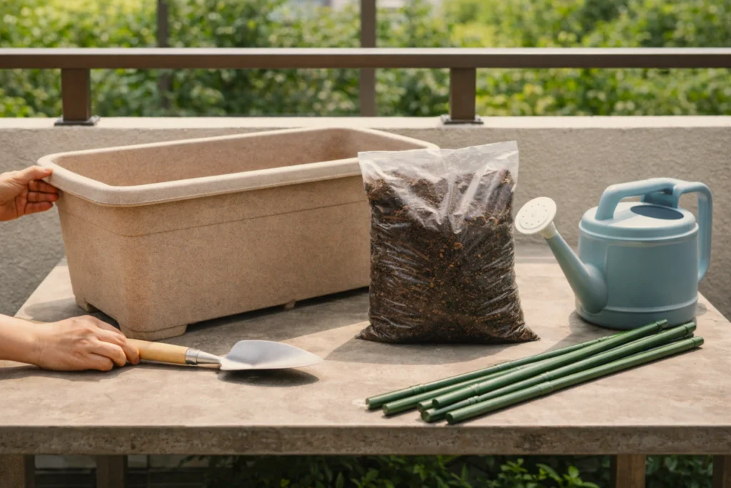 ミニトマトのプランター栽培に必要な深型プランター、培養土、支柱、じょうろ、移植ごてを並べた準備風景