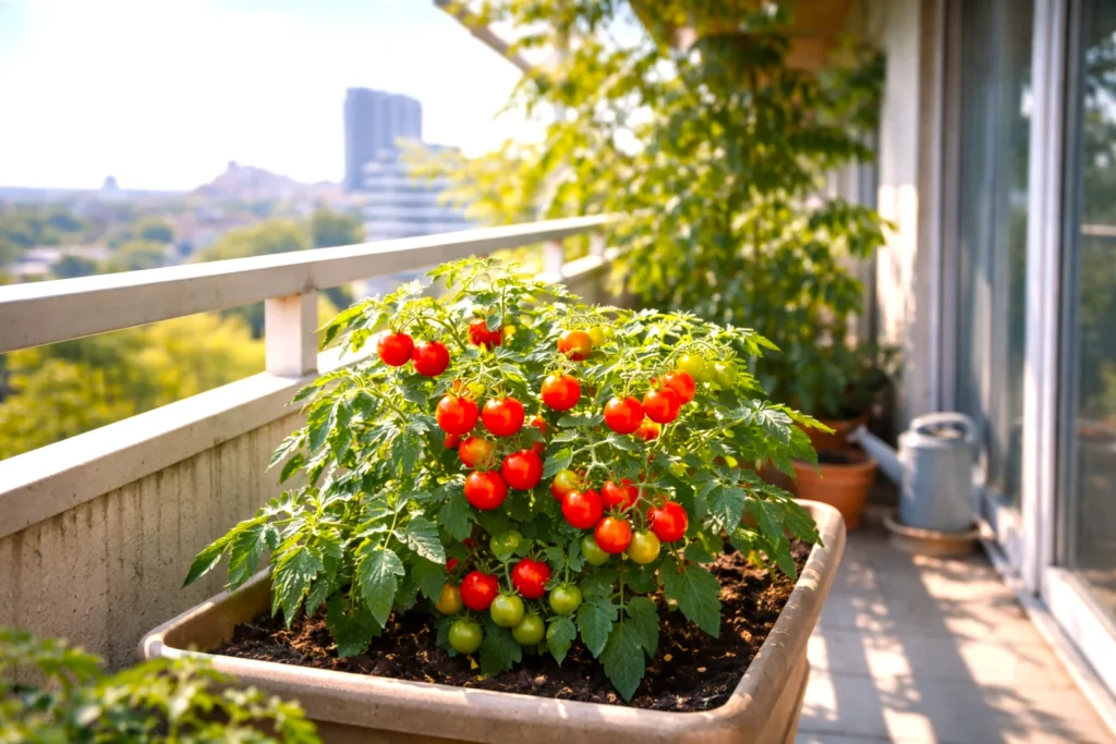日当たりのよいベランダに置かれたミニトマトのプランター
