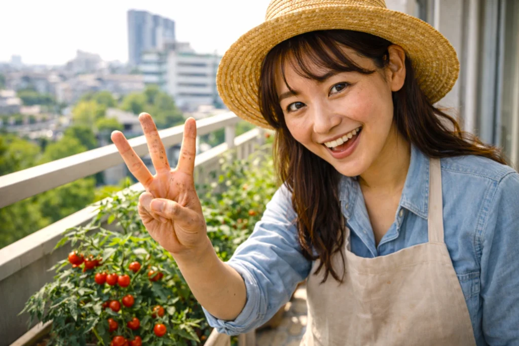 ベランダのミニトマトを背景に、3本指を立てて基本ポイントを伝える日本人女性