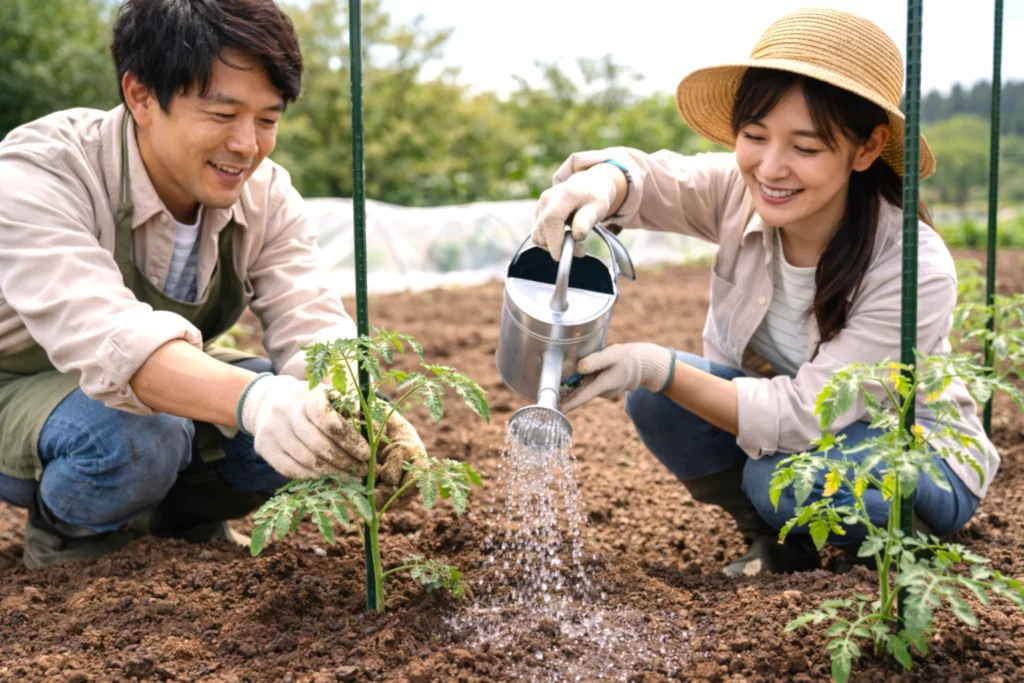 支柱を立てたミニトマトの株を支えながら、株元へやさしく水やりしている日本人の男女の様子