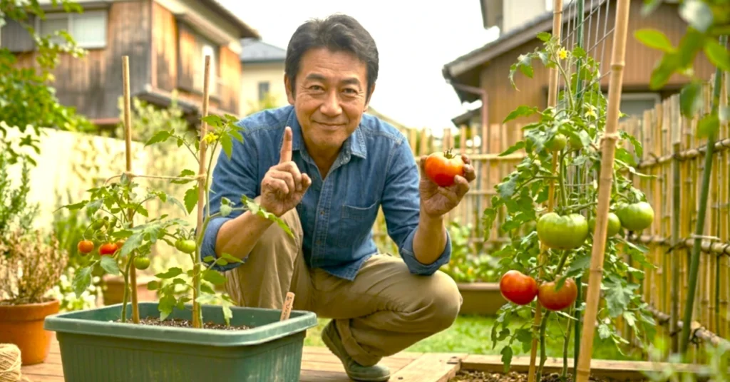 家庭菜園でプランターと畑のミニトマトを背に、収穫したトマトを片手に持ち、もう片手の人差し指を立てて解説のポイントを伝える写真