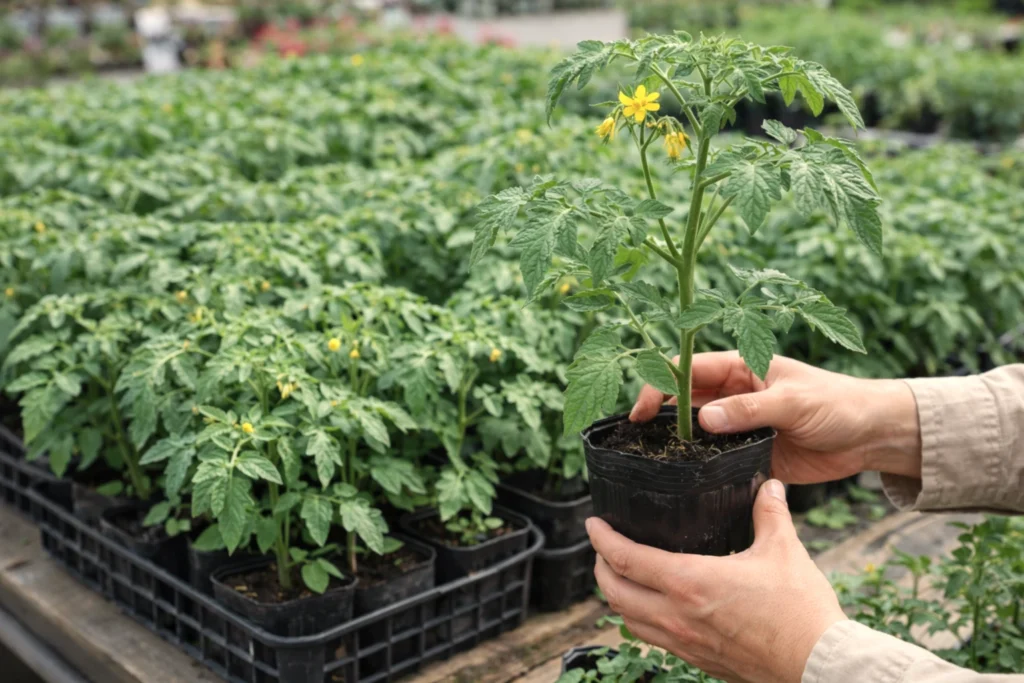 店頭で茎が太く葉色の濃い、花房付きの元気なミニトマト苗を手に取って確認する様子