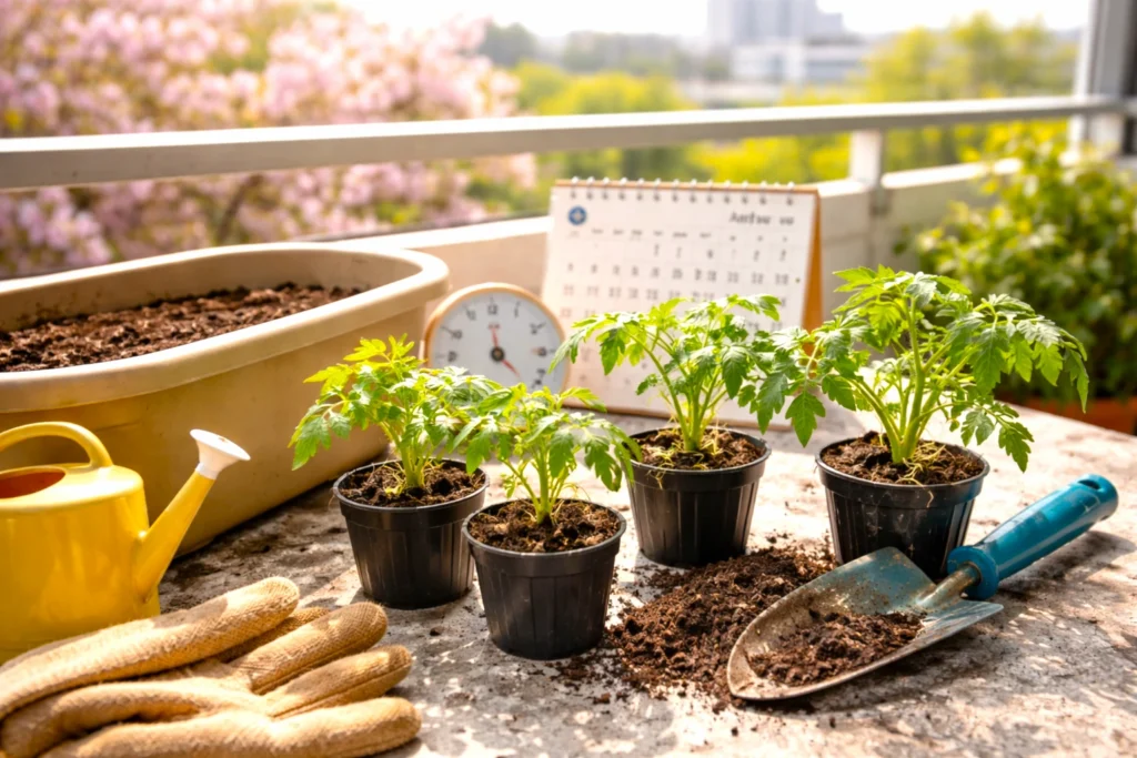 春のベランダでミニトマトの苗とプランターを並べ、植え付け時期を見極める準備風景