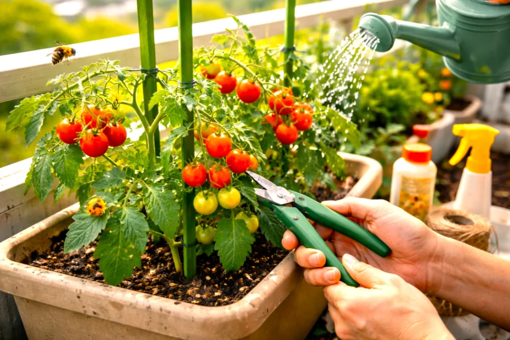 ベランダで育てたミニトマトを支柱で支えながら手入れしている様子