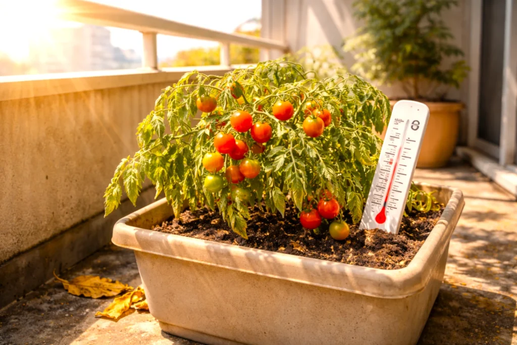 真夏のベランダで強い日差しを受け、葉がしおれたミニトマトのプランター