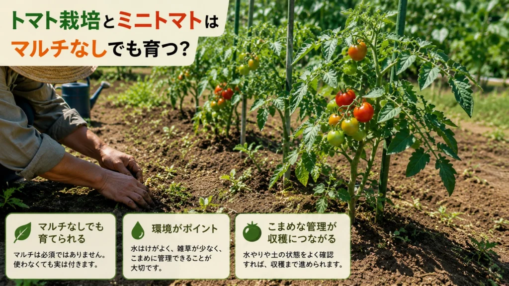 マルチを使わず、土の状態を確認しながら育てているトマトとミニトマトの畑