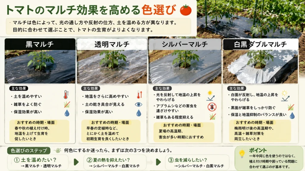 黒・透明・シルバー・白黒のマルチを比較し、トマト栽培の目的に合う色を選ぶ様子