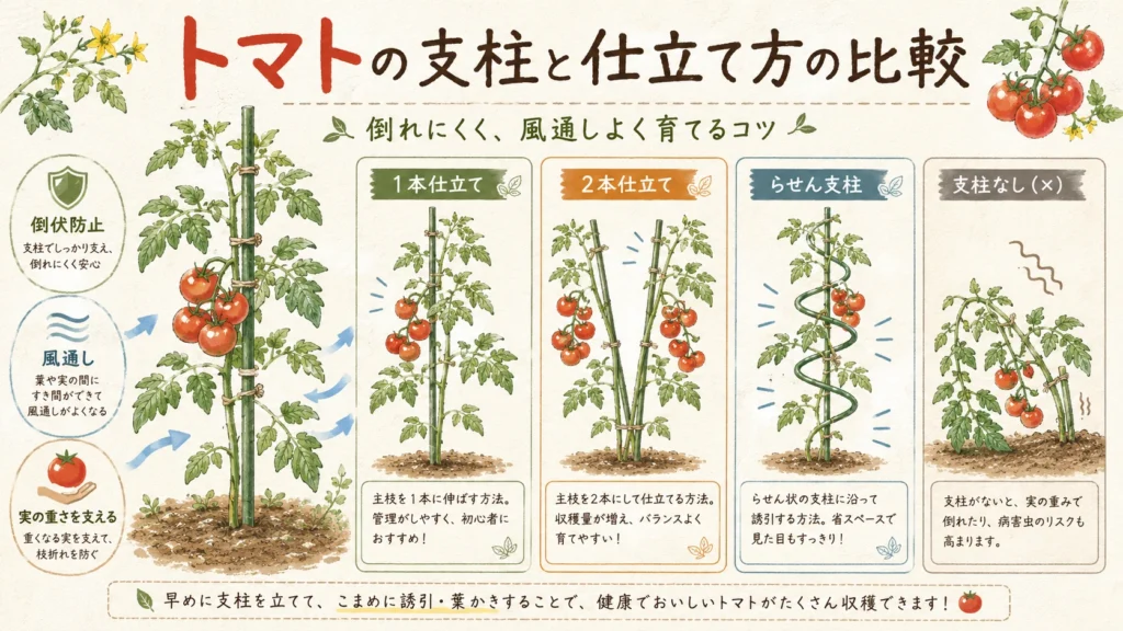 トマトの支柱と仕立て方の比較