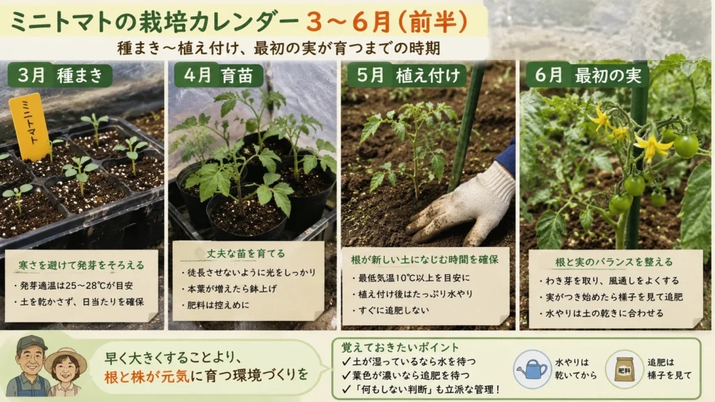 3月から6月までのミニトマト栽培で、種まき・苗づくり・植え付け・初期の実の成長を確認する様子