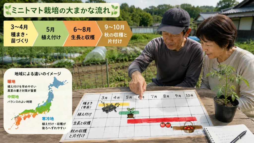 地域や気温の違いを確認しながら3月から10月までミニトマトを育てる栽培カレンダー